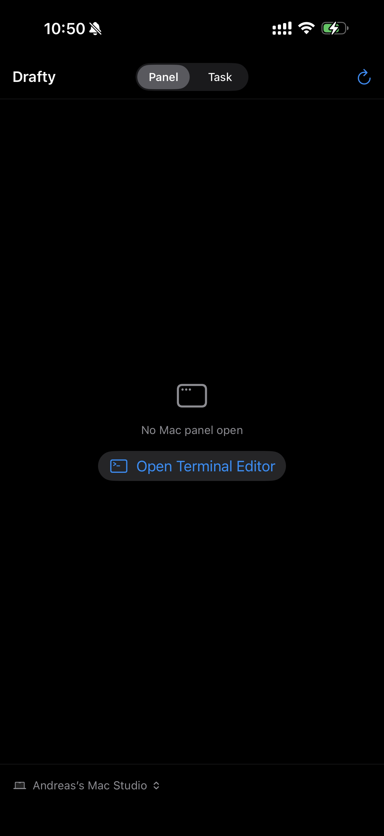 Drafty iPhone showing the panel view with no Mac panel open