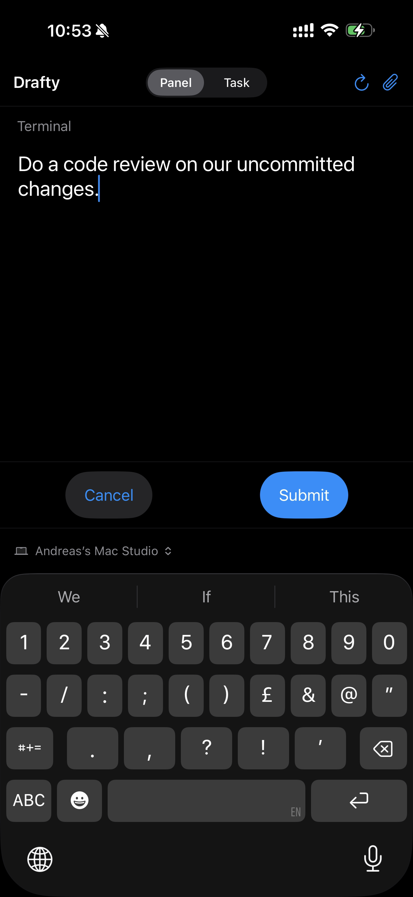 Drafty iPhone composing a Terminal editor prompt with the paired Mac selected