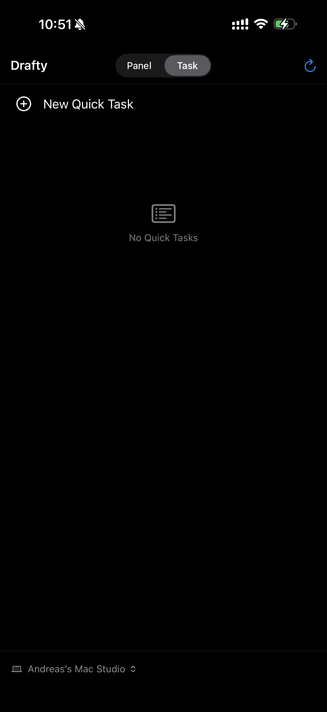 Drafty iPhone showing an empty quick tasks list