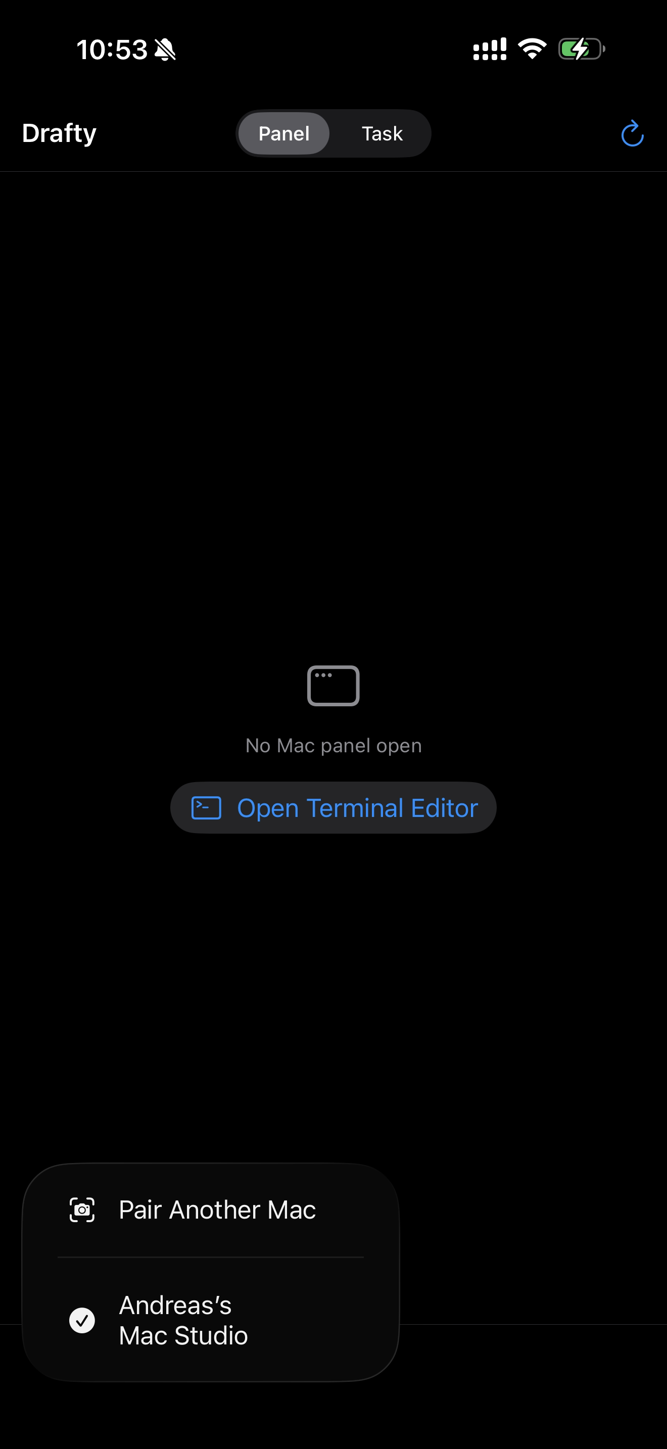 Drafty iPhone showing the paired Mac switcher