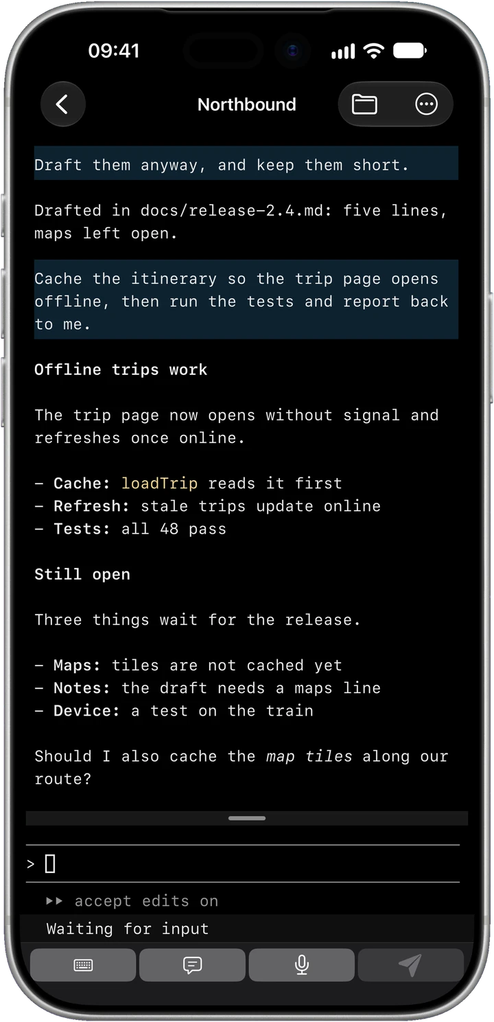 An agent session as a conversation above its live terminal pane