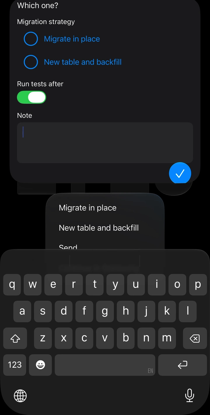 An expanded Glasswing notification with an empty note field, the keyboard visible and its test switch enabled