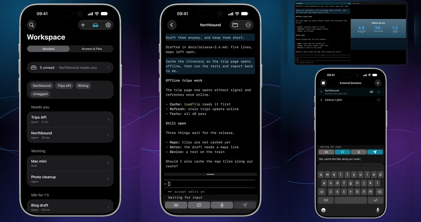 Glasswing Remote screens: the Workspace, an agent's question answered on the Lock Screen, and a presentation run from the phone