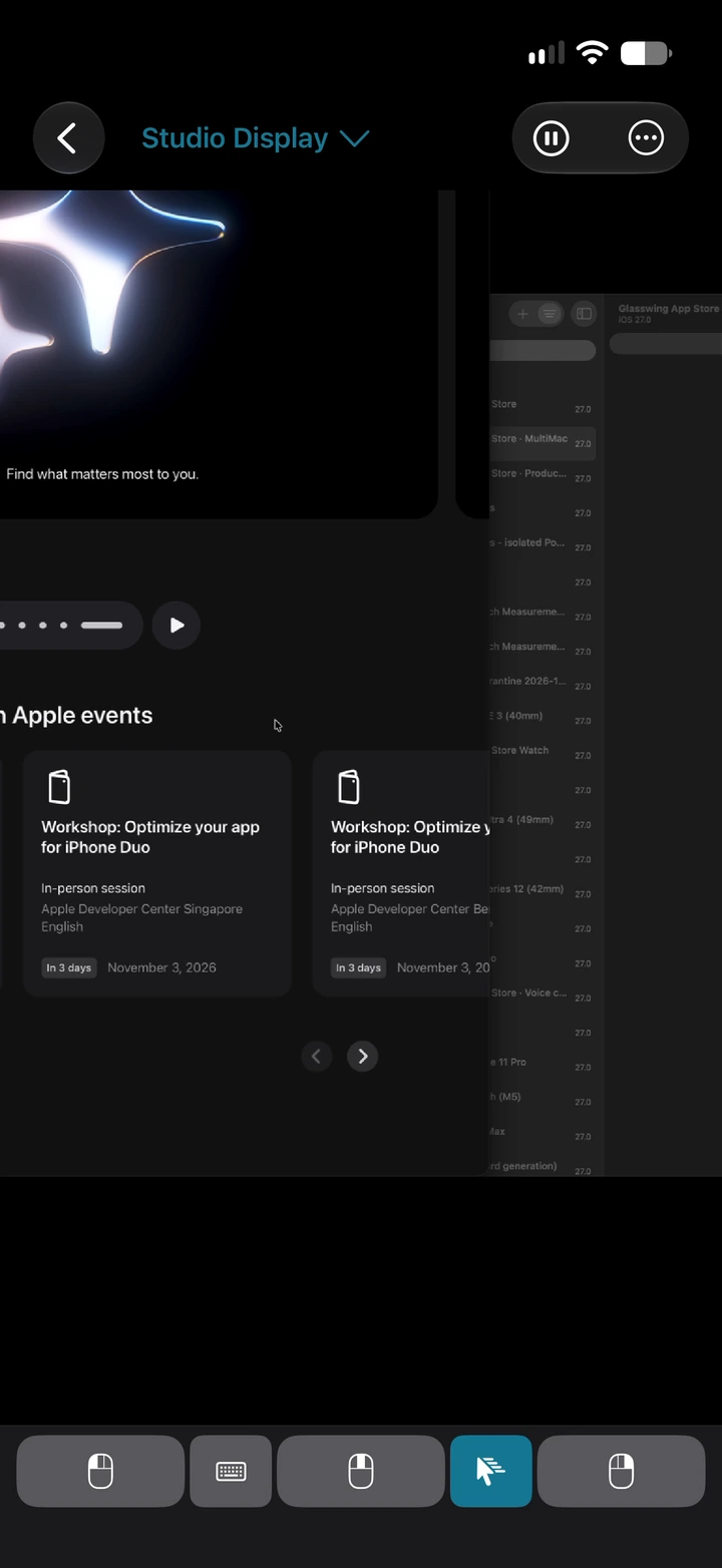 The real Studio Display in Glasswing, zoomed into Safari on the Apple Developer website