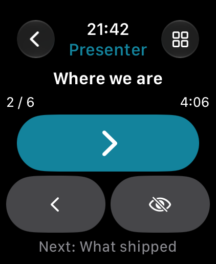 Glasswing's Apple Watch presenter with next, previous and blank-screen controls